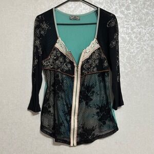 Vanilla Sugar Vintage Y2K Teal Black Lace Overlay Floral Zipper Front Top Sz XS‎
